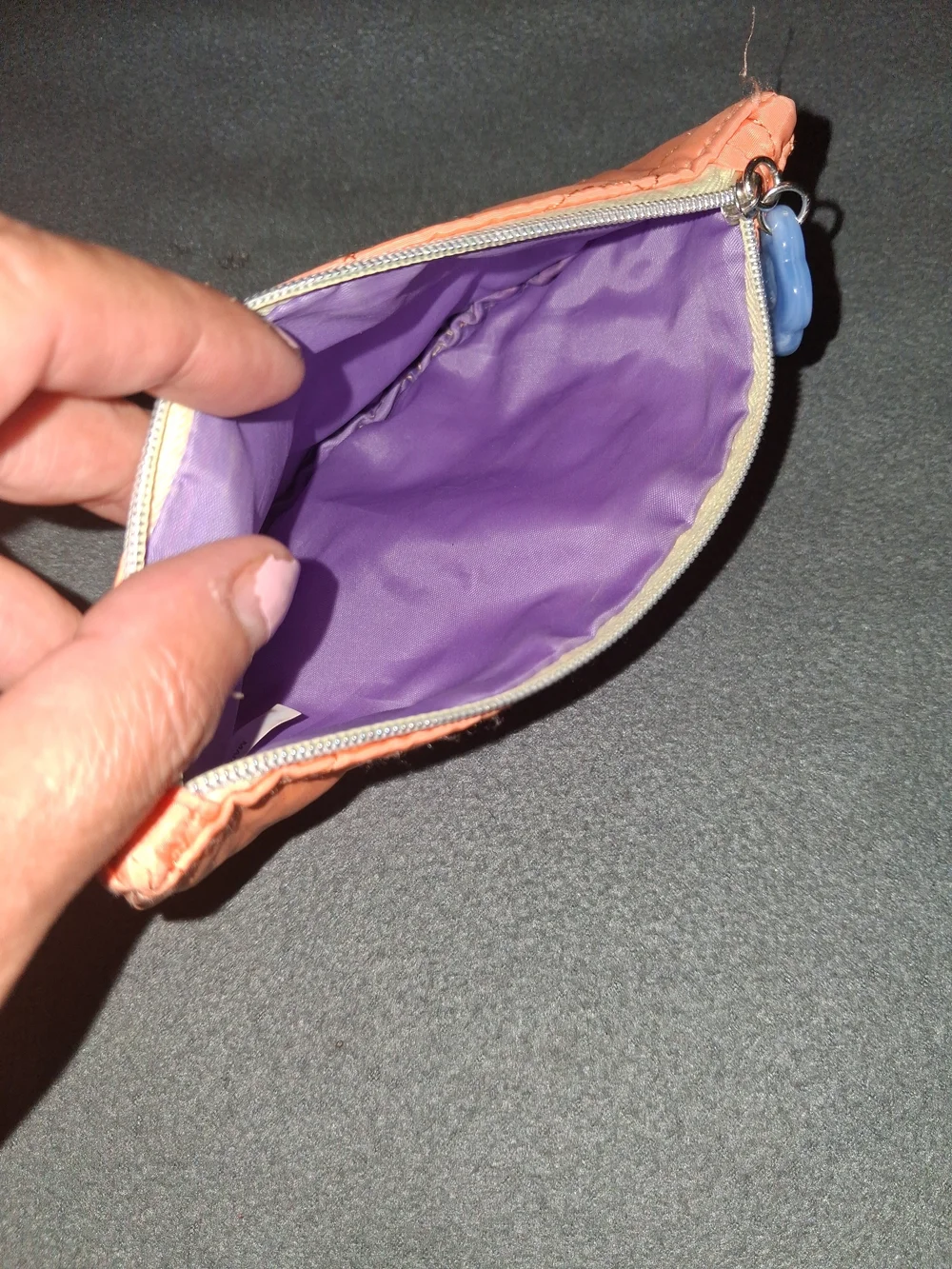ipsy Orange Quilted Cosmetic Pouch with Blue Flower Zipper Pull